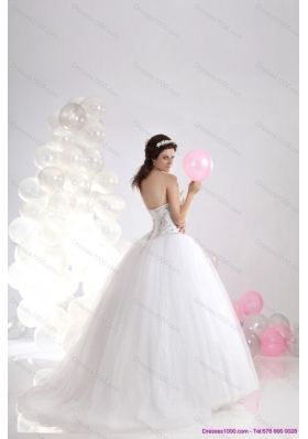 A-Line White Sweetheart Rhinestones Bridal Gowns with Brush Train