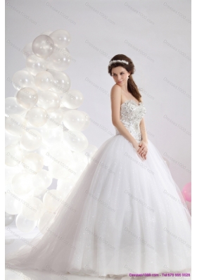 A-Line White Sweetheart Rhinestones Bridal Gowns with Brush Train