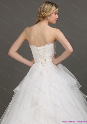 A-Line White Wedding Dresses with Brush Train and Sash