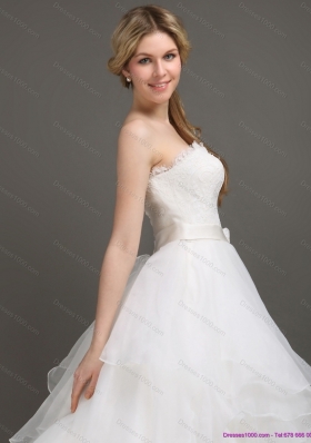 A-Line White Wedding Dresses with Brush Train and Sash