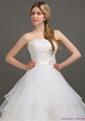 A-Line White Wedding Dresses with Brush Train and Sash