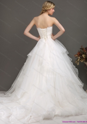 A-Line White Wedding Dresses with Brush Train and Sash