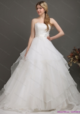 A-Line White Wedding Dresses with Brush Train and Sash