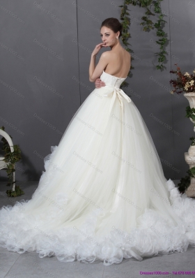 New A-Line Ruffled White Wedding Dresses with Chapel Train