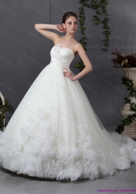 New A-Line Ruffled White Wedding Dresses with Chapel Train