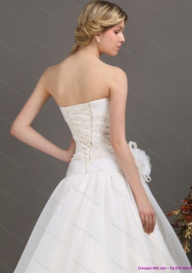 Ruched Beaded White Wedding Dresses with Brush Train and Hand Made Flower