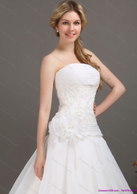 Ruched Beaded White Wedding Dresses with Brush Train and Hand Made Flower