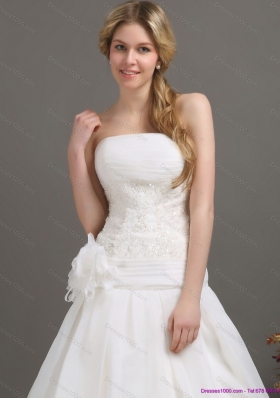 Ruched Beaded White Wedding Dresses with Brush Train and Hand Made Flower