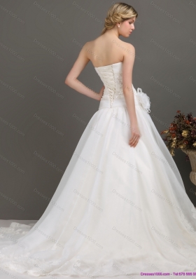 Ruched Beaded White Wedding Dresses with Brush Train and Hand Made Flower