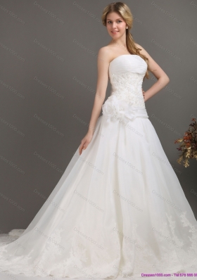 Ruched Beaded White Wedding Dresses with Brush Train and Hand Made Flower