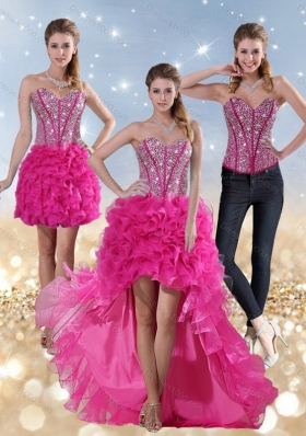 2015 Hot Pink Sweetheart Detachable Prom Dresses with Beading and Ruffled Layers