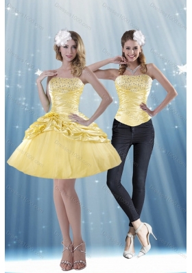 2015 Strapless Beading and Pick Ups Detachable Prom Skirts in Yellow
