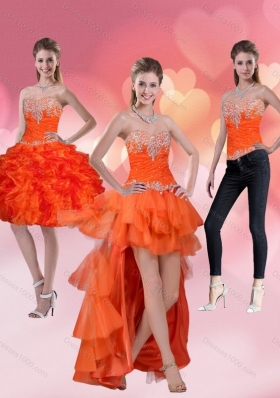 2015 Sweetheart Orange Red Detachable Prom Skirts with Ruffles and Beading