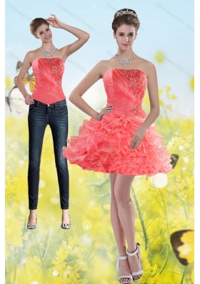 2015 Watermelon Red Strapless Detachable Prom Skirts with Beading and Ruffles