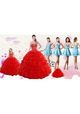 2015 Ruffled Red Quinceanera Gown and Light Blue Sweetheart Beading Prom Dresses and Halter Top Beaded Flower Girl Dress