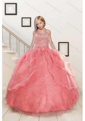 2015 Perfect Beading Sweetheart Quinceanera Dress and Ruching Long Prom Dresses and Watermelon Halter Top Little Girl Dress