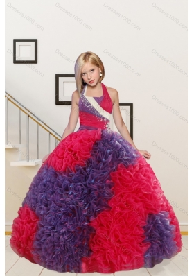 Elegant Multi Color Floor Length Quinceanera Dress and Ruching Short Dama Dresses and  Multi Color Halter Top Little Girl Dress