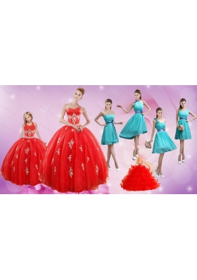 2015 Elegant Appliques Red Quinceanera Dress and Turquoise Short Dama Dresses and Halter Top Ball Gown Little Girl Dress