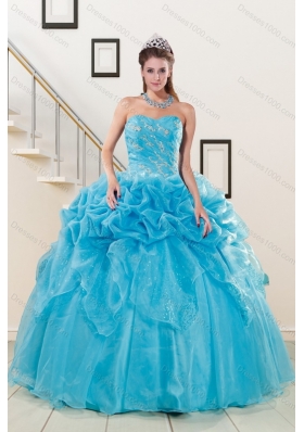 Pick Ups and Embriodery Baby Blue Quinceanera Dress and Ruching Short Dama Dresses and Embroidery Baby Blue Little Girl Dress