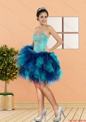 2015 New Style Beading and Ruffles Sweetheart Dama Dresses in Multi Color