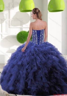 Most Popular Navy Blue Quinceanera Gown with Beading and Ruffles for 2015