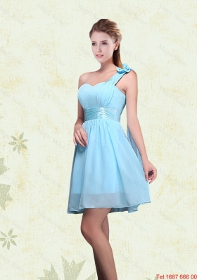 2016 Winter Perfect Ruching Chiffon Aqua Blue Dama Dresses with Mini Length