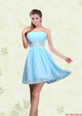 2016 Winter Perfect Ruching Chiffon Aqua Blue Dama Dresses with Mini Length