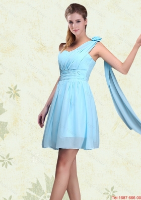 2016 Winter Perfect Ruching Chiffon Aqua Blue Dama Dresses with Mini Length