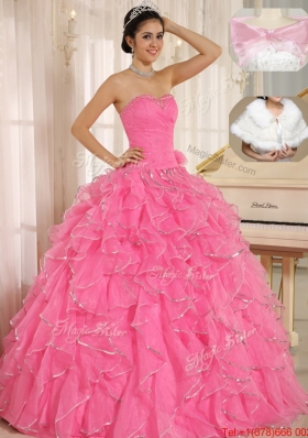 2016 Spring Popular Ruffles and Beading Quinceanera Dresses in Rose Pink