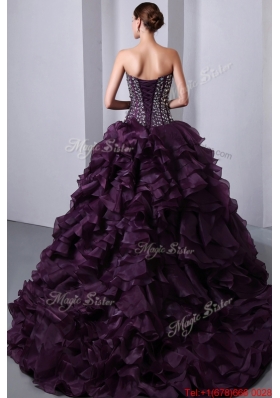 Beautiful A Line Brush Train Beading and Ruffles Quinceanea Dresses