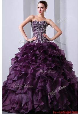 Beautiful A Line Brush Train Beading and Ruffles Quinceanea Dresses