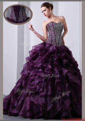 Beautiful A Line Brush Train Beading and Ruffles Quinceanea Dresses