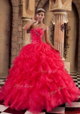 New Arrivals Coral Red Ball Gown Floor Length Ruffles Quinceanera Dresses