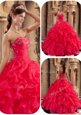 New Arrivals Coral Red Ball Gown Floor Length Ruffles Quinceanera Dresses