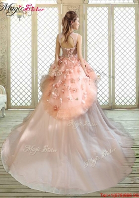 2016 Beautiful Scoop Court Train Quinceanera Dresses with Hand Made Flowers