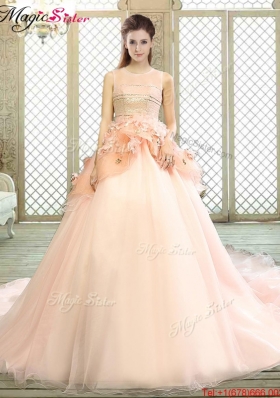 2016 Beautiful Scoop Court Train Quinceanera Dresses with Hand Made Flowers