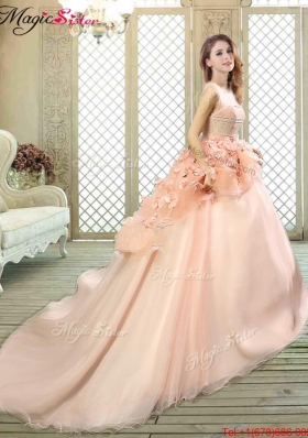 2016 Beautiful Scoop Court Train Quinceanera Dresses with Hand Made Flowers