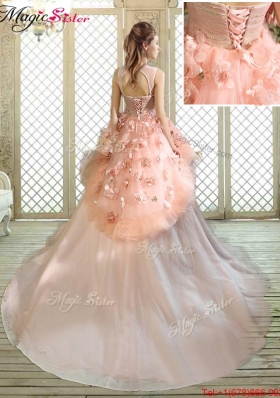 2016 Beautiful Scoop Court Train Quinceanera Dresses with Hand Made Flowers