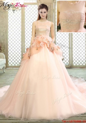 2016 Beautiful Scoop Court Train Quinceanera Dresses with Hand Made Flowers