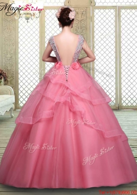 2016 Elegant Backless Quinceanera Dresses with Beading and Hand Made Flowers