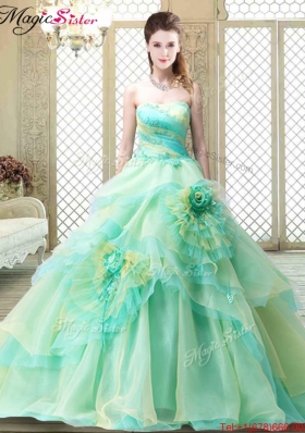 2016 New Strapless Brush Train Quinceanera Dresses with Hand Made Flowers 2016