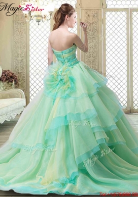 2016 New Strapless Brush Train Quinceanera Dresses with Hand Made Flowers 2016