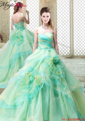 2016 New Strapless Brush Train Quinceanera Dresses with Hand Made Flowers 2016