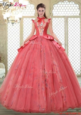 Classical High Neck Cap Sleeves Quinceanera Gowns with Bowknot