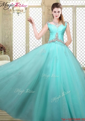 Luxurious Straps Beading Sweet 16 Dresses  in Aqua Blue