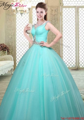 Luxurious Straps Beading Sweet 16 Dresses  in Aqua Blue