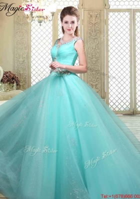 Luxurious Straps Beading Sweet 16 Dresses  in Aqua Blue