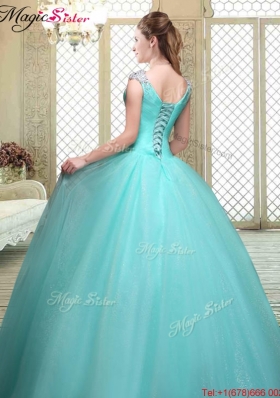 Luxurious Straps Beading Sweet 16 Dresses  in Aqua Blue