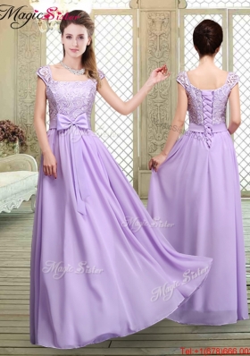 2016 Fashionable Square Cap Sleeves Lavender Dama Dresses with Belt