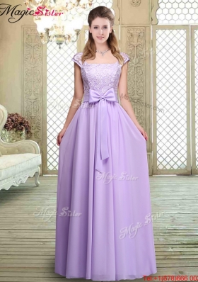 2016 Fashionable Square Cap Sleeves Lavender Dama Dresses with Belt